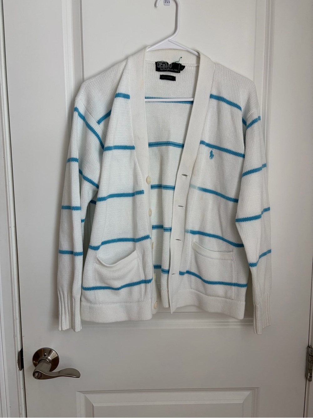 VTH Ralph Lauren White Cardigan with Blue Stripes